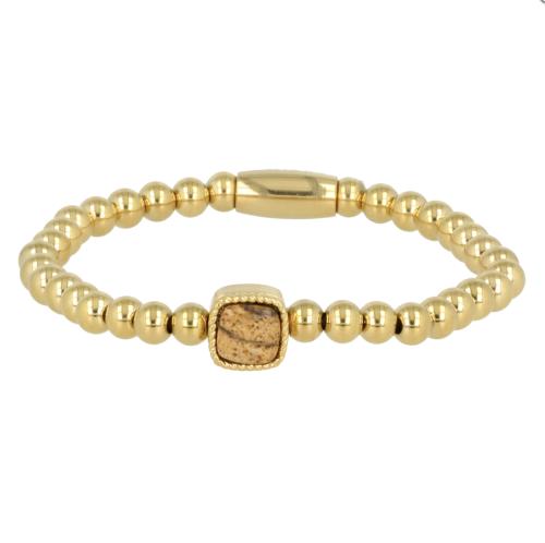 My Bendel Armband, Elastische Edelstaal-vergulde armband met Picture Jasper bedel (19cm). - 21478
