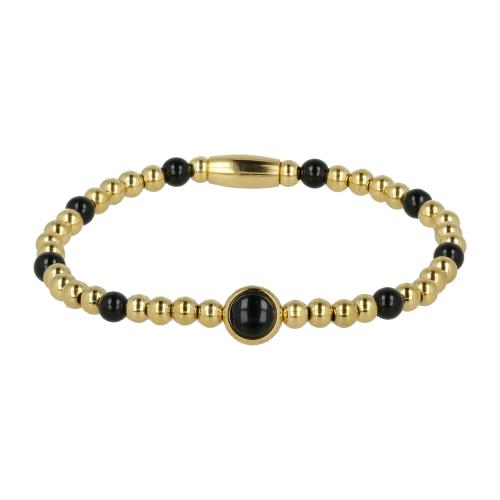 My Bendel Armband, Elastische Edelstaal-verguld Kralenarmband met Onyx Edelsteen (Medium). - 21872