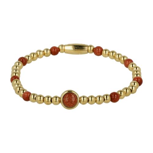 My Bendel Armband, Elastische Edelstaal-verguld Kralenarmband met Gold Sand Stone Edelsteen (Medium). - 21874