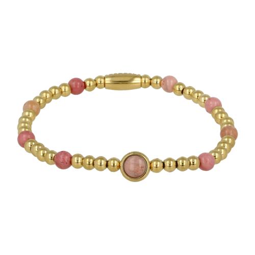 My Bendel Armband, Elastische Edelstaal-verguld Kralenarmband met Rhodoniet Edelsteen (medium). - 21880
