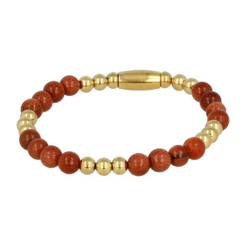My Bendel Armband, Elastische Edelstaal Vergulde Kralenarmband met Gold Sand Stone Edelsteen bedel (Small). - 21900