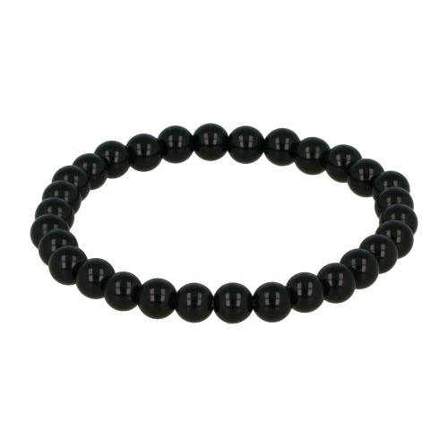 My Bendel Armband, Elastische armband met 6,5mm Zwarte Agaat kralen (19cm). - 21915