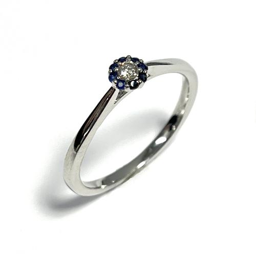 Eclat Ring, 14krt.witgoud met 0,06ct.diamant en saffier (maat 17,5) - 22169