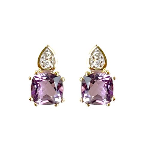 HC Oorknoppen, 14krt.goud met Amethist en 0,01ct.Diamant (lengte: 8mm.) - 22340