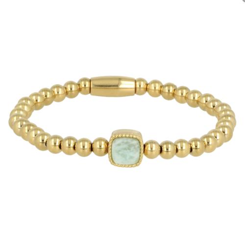 My Bendel Armband, Elastische Edelstaal-vergulde armband met  Amazoniet bedel. - 22512