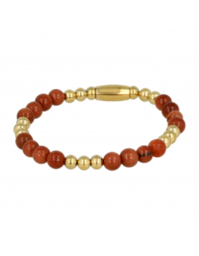 My Bendel Armband, Elastische Edelstaal Vergulde Kralenarmband met Gold Sand Stone Edelsteen bedel (Large). - 22563