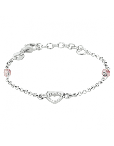 HC Armband, zilver met hart en roze kraal(lengte: 11-13cm.) - 22779