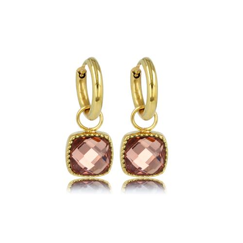My Bendel Oorringen, edelstaal verguld met roze glassteen (oorringen 14x2mm.) - 23067