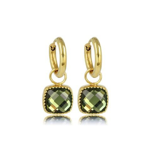 My Bendel Oorringen, edelstaal verguld met groene glassteen (oorringen 14x2mm.) - 23070