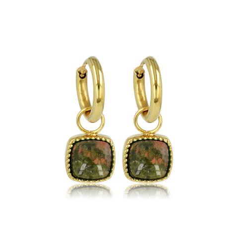 My Bendel Oorringen, edelstaal verguld met Unakite (oorringen 10x2mm.) - 23074