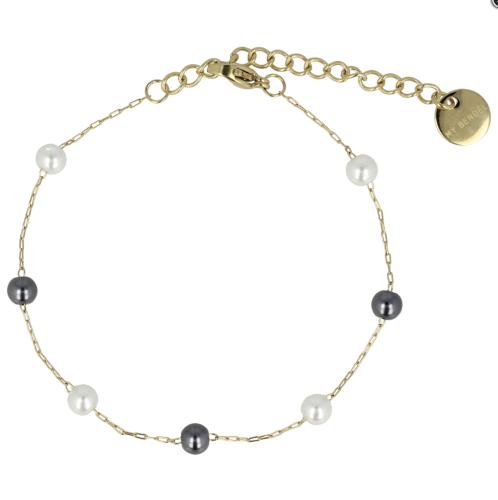 My Bendel Armband, edelstaal verguld met zwart/witte glasparels (lengte: 15,5-20,5cm.) - 23130