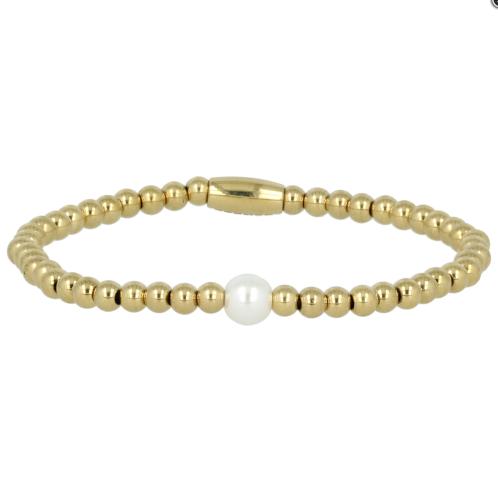 My Bendel Armband, Elastische Edelstaal Vergulde Kralenarmband met glasparel - 23138