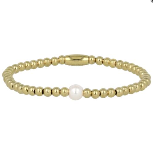 My Bendel Armband, Elastische Edelstaal Vergulde Kralenarmband met roze glasparel - 23139