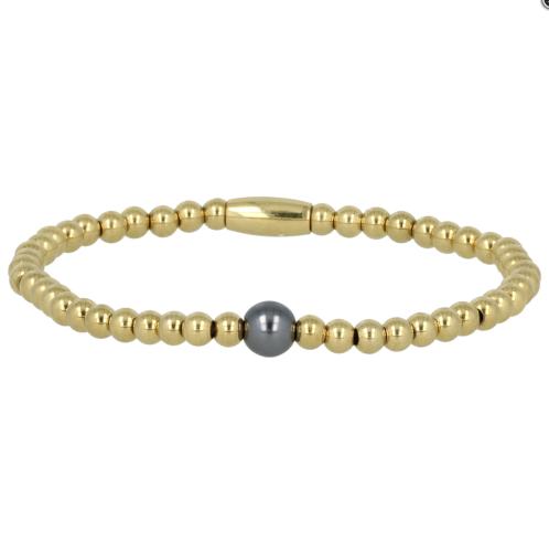 My Bendel Armband, Elastische Edelstaal Vergulde Kralenarmband met grijze glasparel - 23140