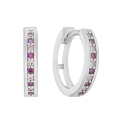 Oorringen, zilver gerhodineerd met roze/wit zirkonia (2,5x10mm.) - 23212