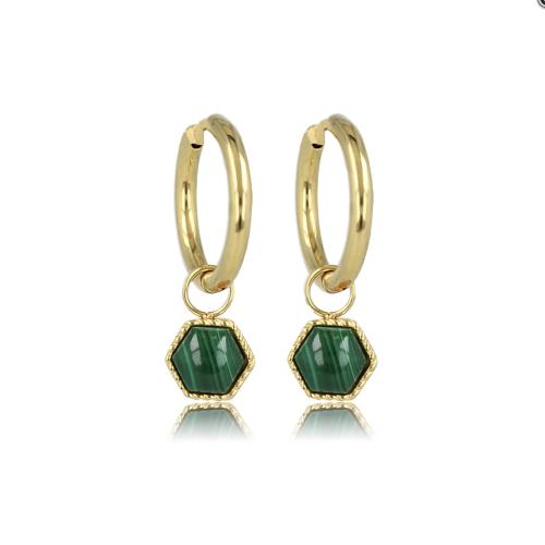 My Bendel Oorringen, edelstaal verguld met Malachite model Zeshoek (12x2mm.) - 23361