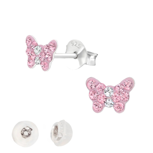 BY NIKKI Oorknoppen, zilver vlinder roze - 23675
