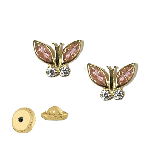BY NIKKI Oorknoppen, 14krt.goud met zirkonia vlinder - 23686