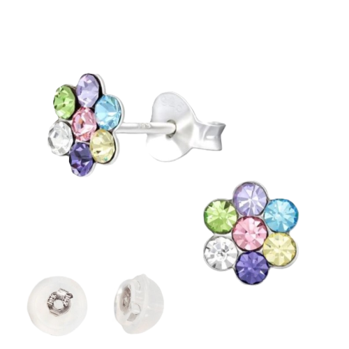 BY NIKKI Oorknoppen, zilver bloem multicoloour - 24065
