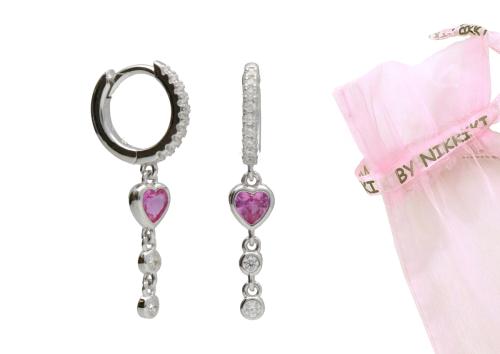BY NIKKI Oorringen, zilver met roze harthanger  (diameter: 10mm.) - 24249