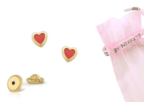 BY NIKKI Oorknoppen, 14krt.goud hart rood emaille (4,5mm.) - 24484