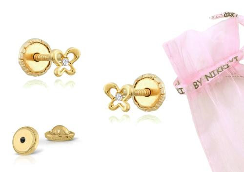 BY NIKKI Oorknoppen, 14krt.goud vlinder met diamant (4mm.) - 24486