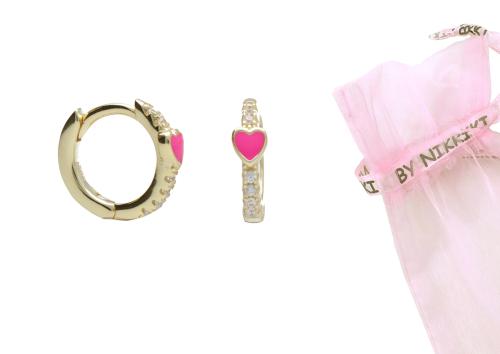 BY NIKKI Oorringen, zilver verguld met zirkonia en roze hart (diameter: 10mm.) - 24722
